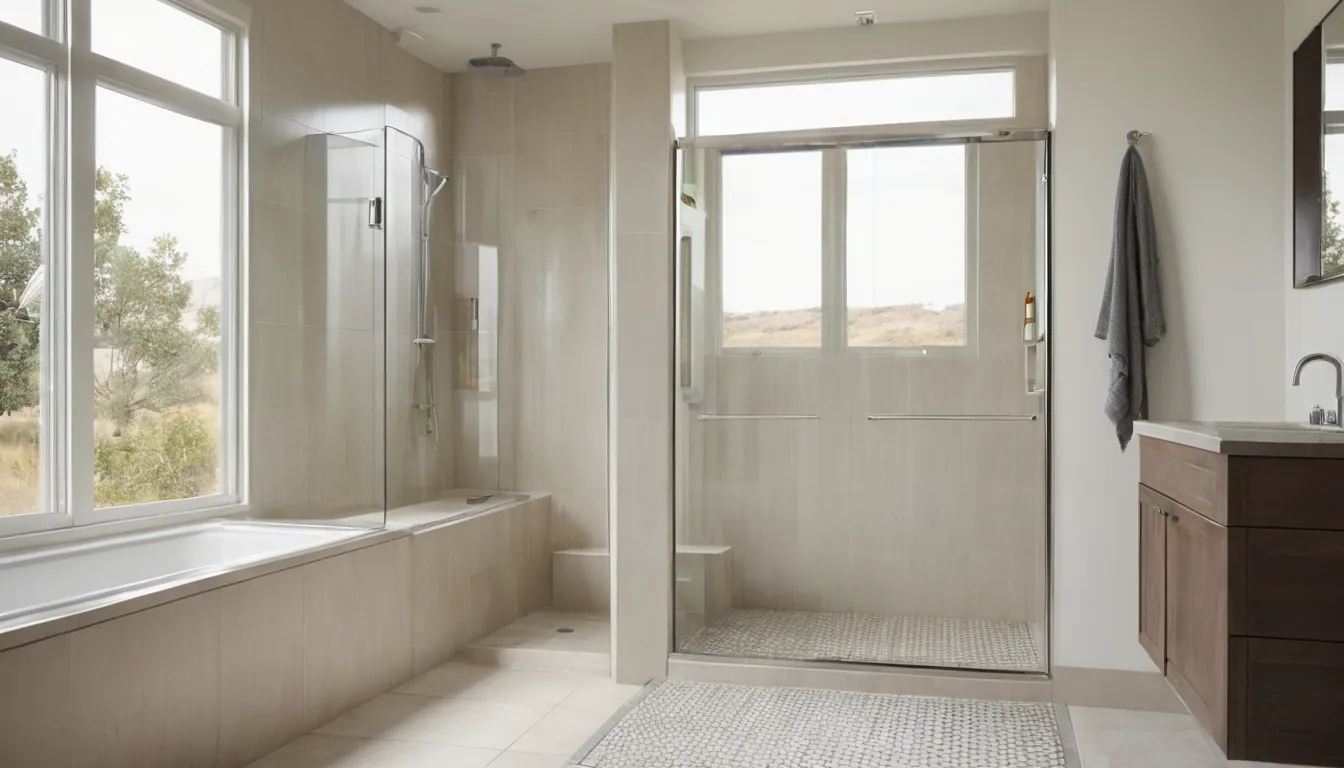 A bright, newly converted walk-in style shower with a low entry step and grab bar in a Portage home