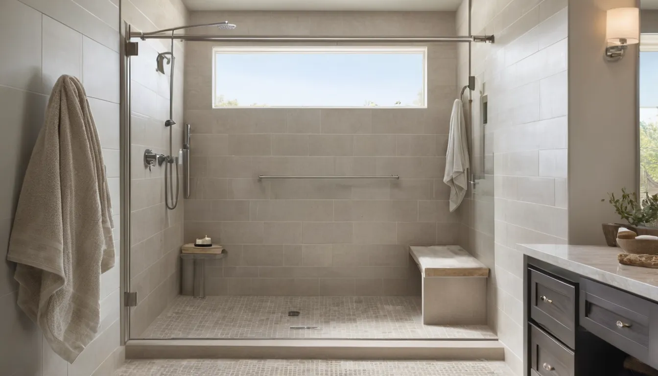 Bright, accessible walk-in shower with a low entry, bench and grab bar in a Portage home