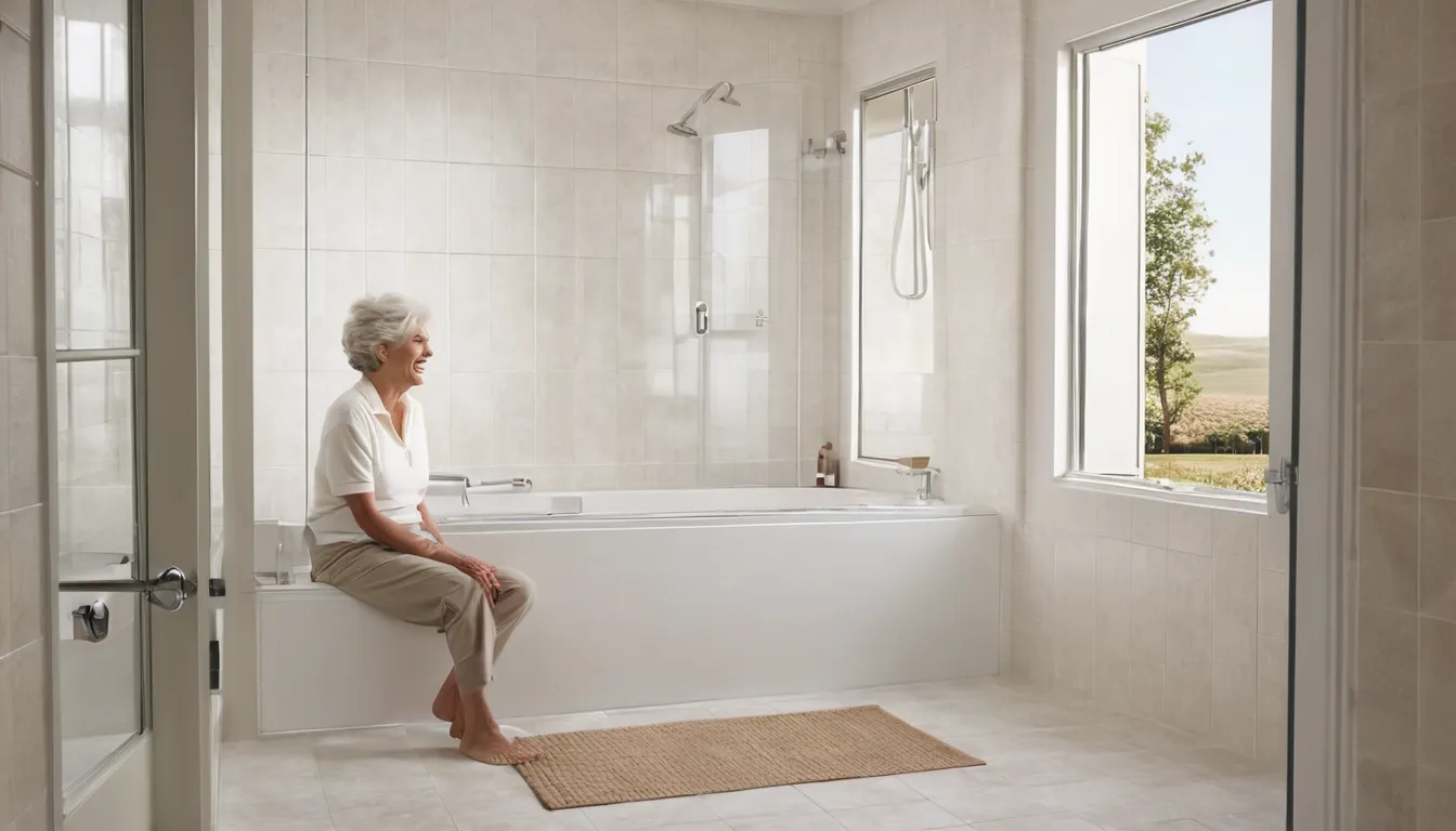 A smiling older homeowner sitting beside a modern walk-in tub in a bright Portage bathroom